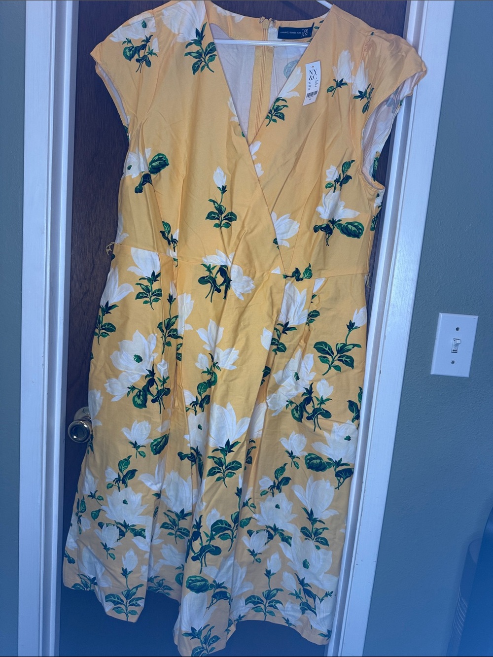 New York & Company Yellow Floral Midi Wrap Dress
